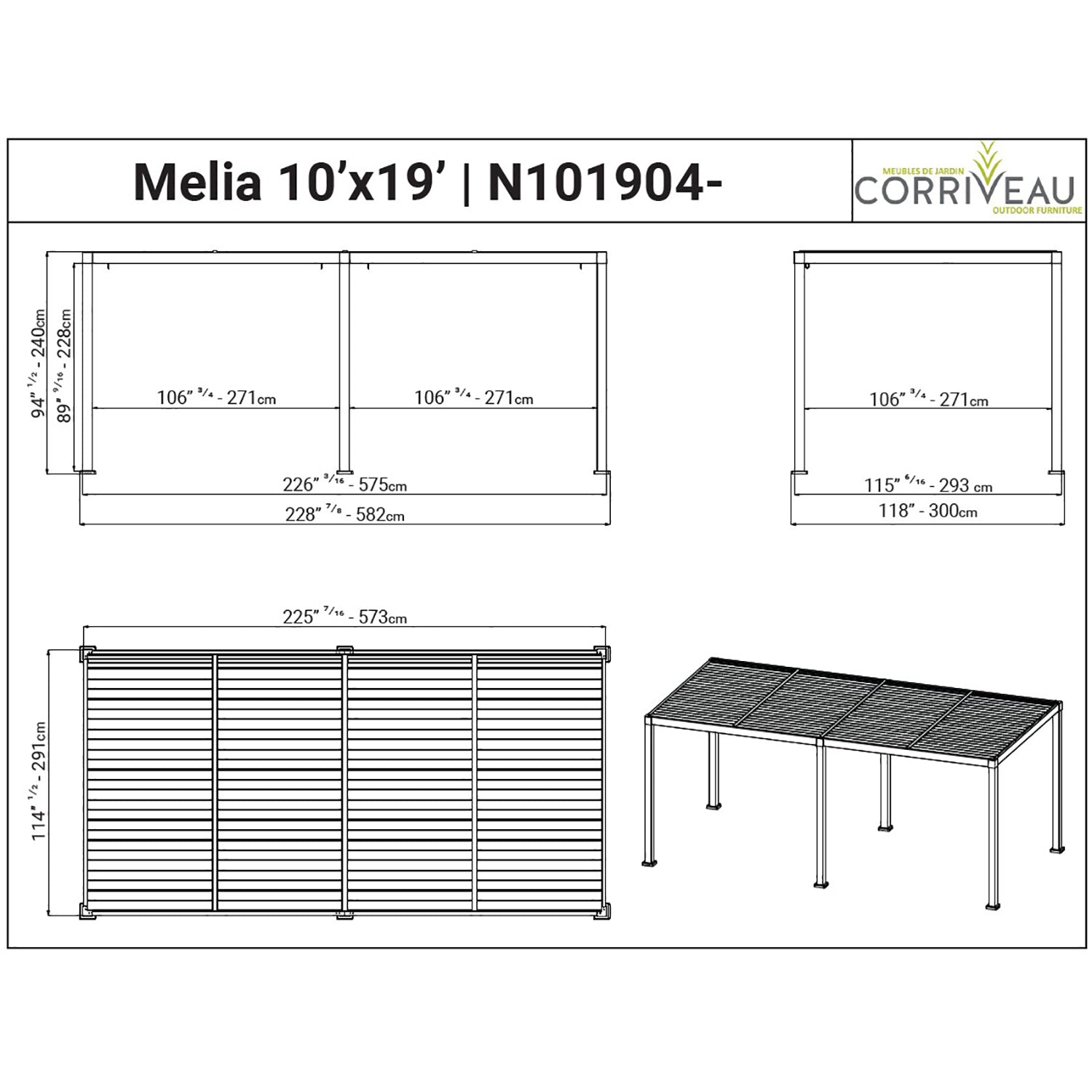 Pergola Mélia en Aluminium avec Parisienne Ajustable, 10'x19', Noir - Simple Boutique