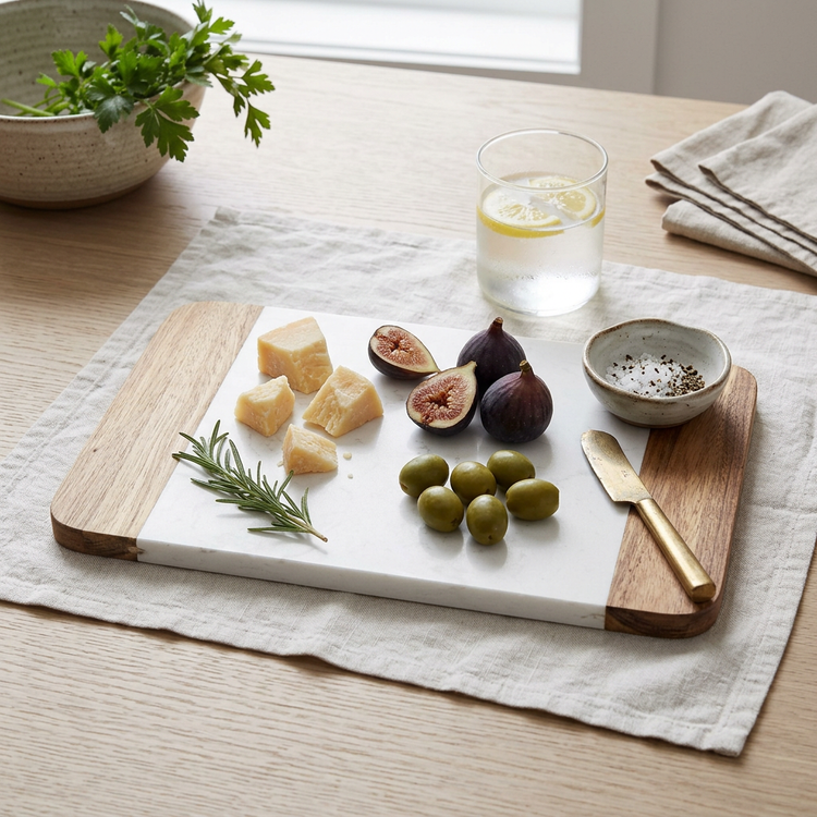 Planche à servir / à découper JS Gourmet en bois d'acacia et marbre blanc — 38,5 x 26 cm - Simple Boutique