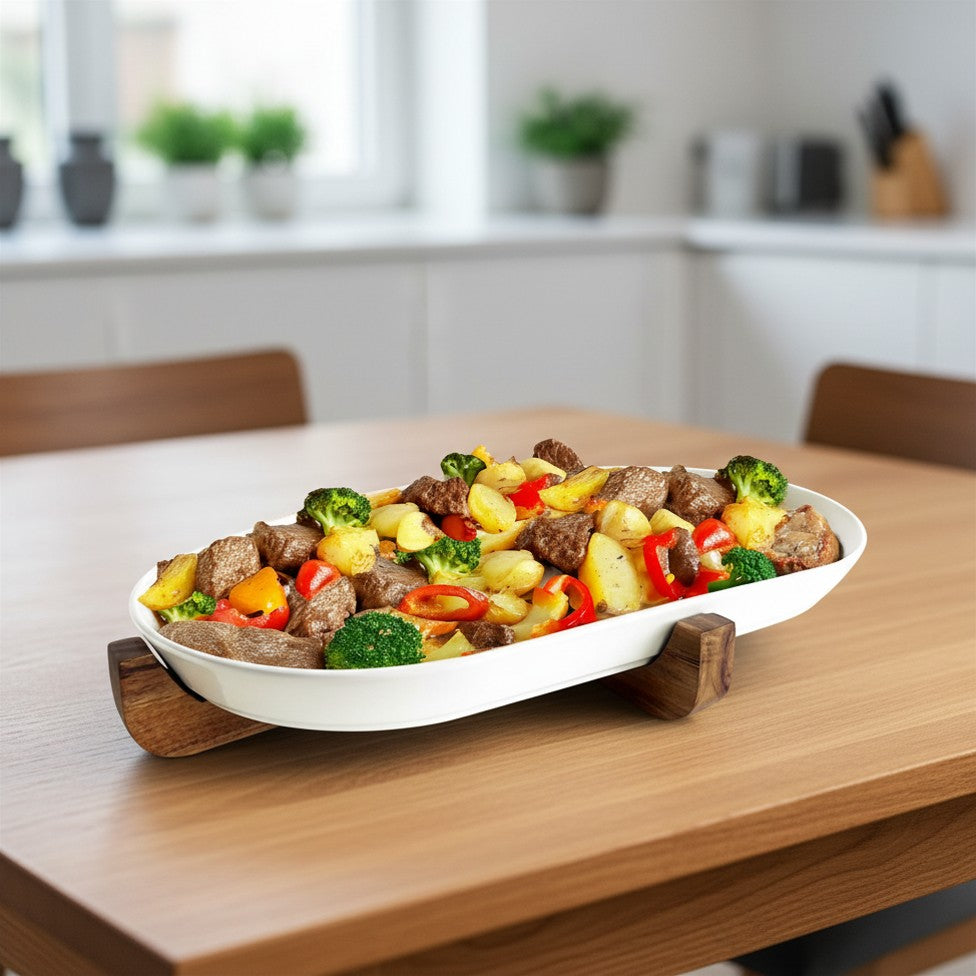 Plat de cuisson en céramique allant au four et à table avec dessous de plat en bois — 36,2 x 20,6 cm (JS Gourmet) - Simple Boutique