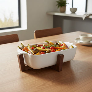 Plat de cuisson en céramique allant au four et de la table avec dessous de plat en bois — 31,5 x 21 cm (JS Gourmet) - Simple Boutique