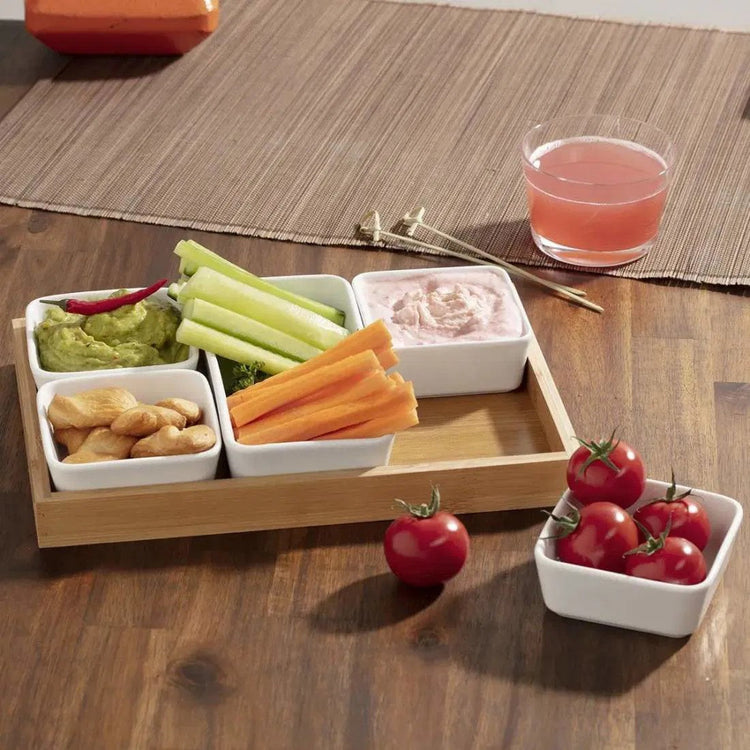 Plateau de service 6 pièces en bois d'acacia avec 5 bols en céramique (JS Gourmet) - Simple Boutique