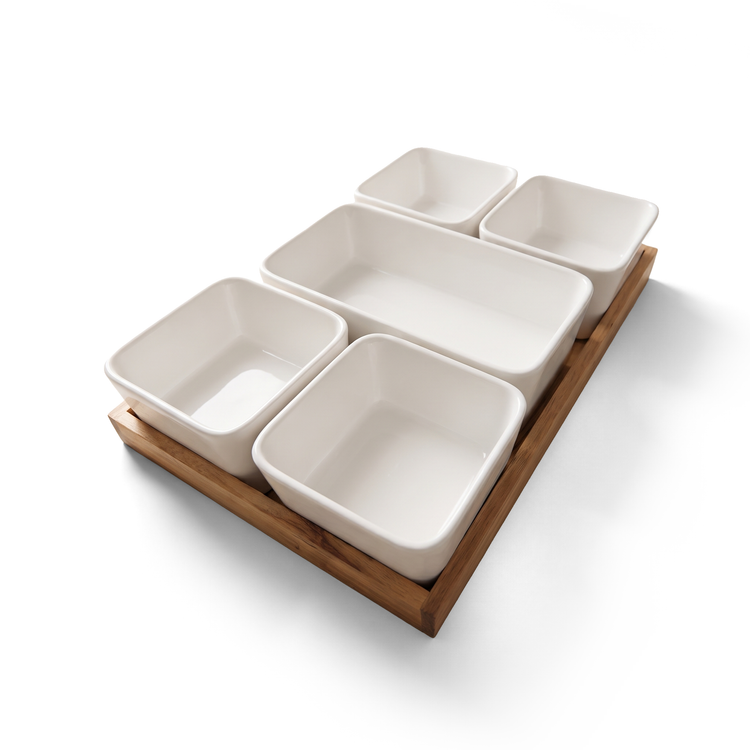 Plateau de service 6 pièces en bois d'acacia avec 5 bols en céramique (JS Gourmet) - Simple Boutique