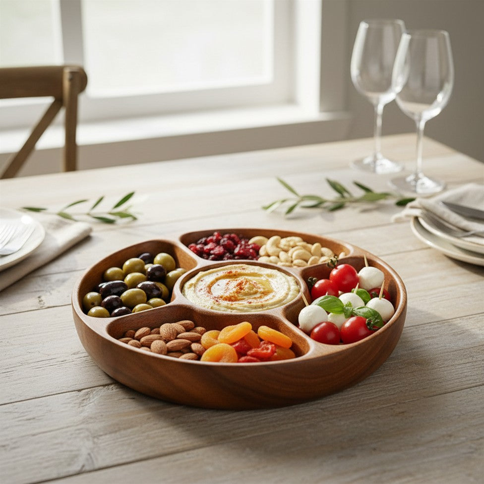 Plateau de service en bois d'acacia avec 5 compartiments — 29 x 29 cm (JS Gourmet) - Simple Boutique