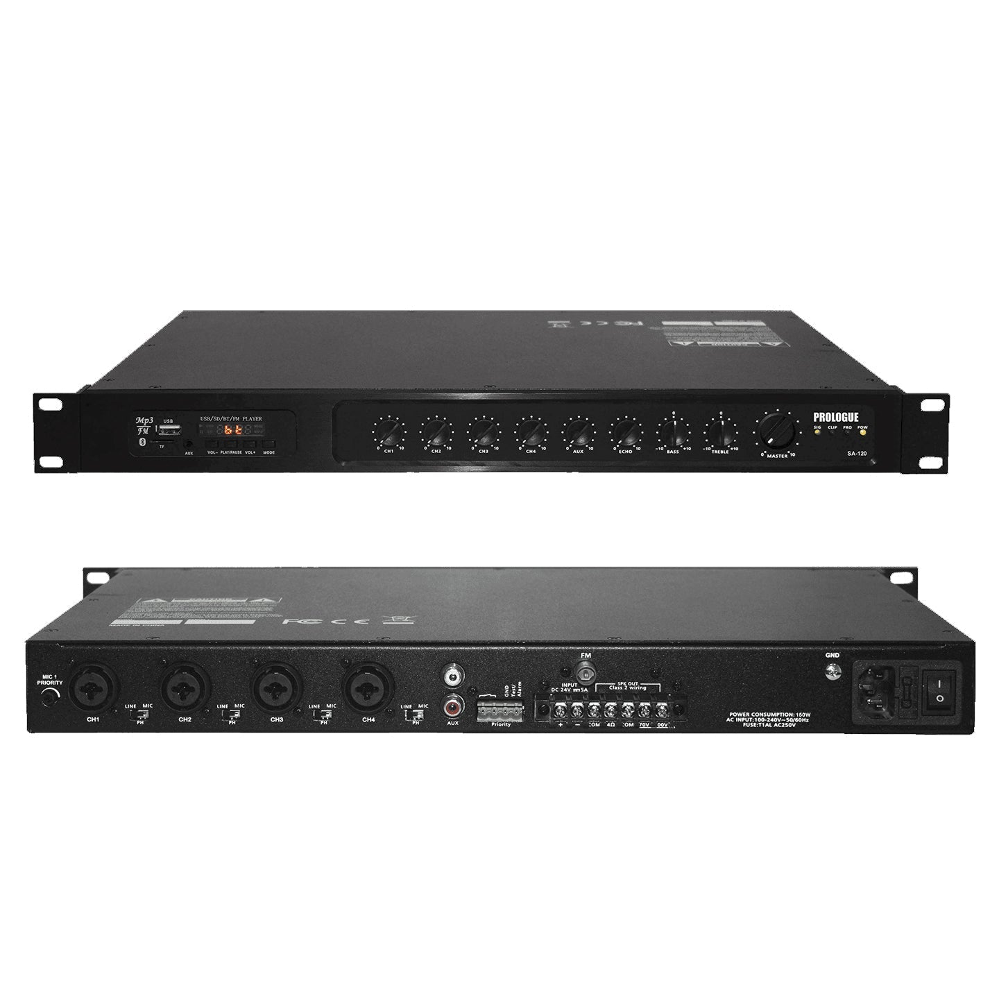 Prologue SA-120 - Amplificateur Mono 120W RMS, Sorties 70V et 8 ohms, 4 Entrées Micro/ligne, 1 entrée AUX stéréo, lecteur MP3 USB-SD, Tuner, Bluetooth, 1U - Simple Boutique