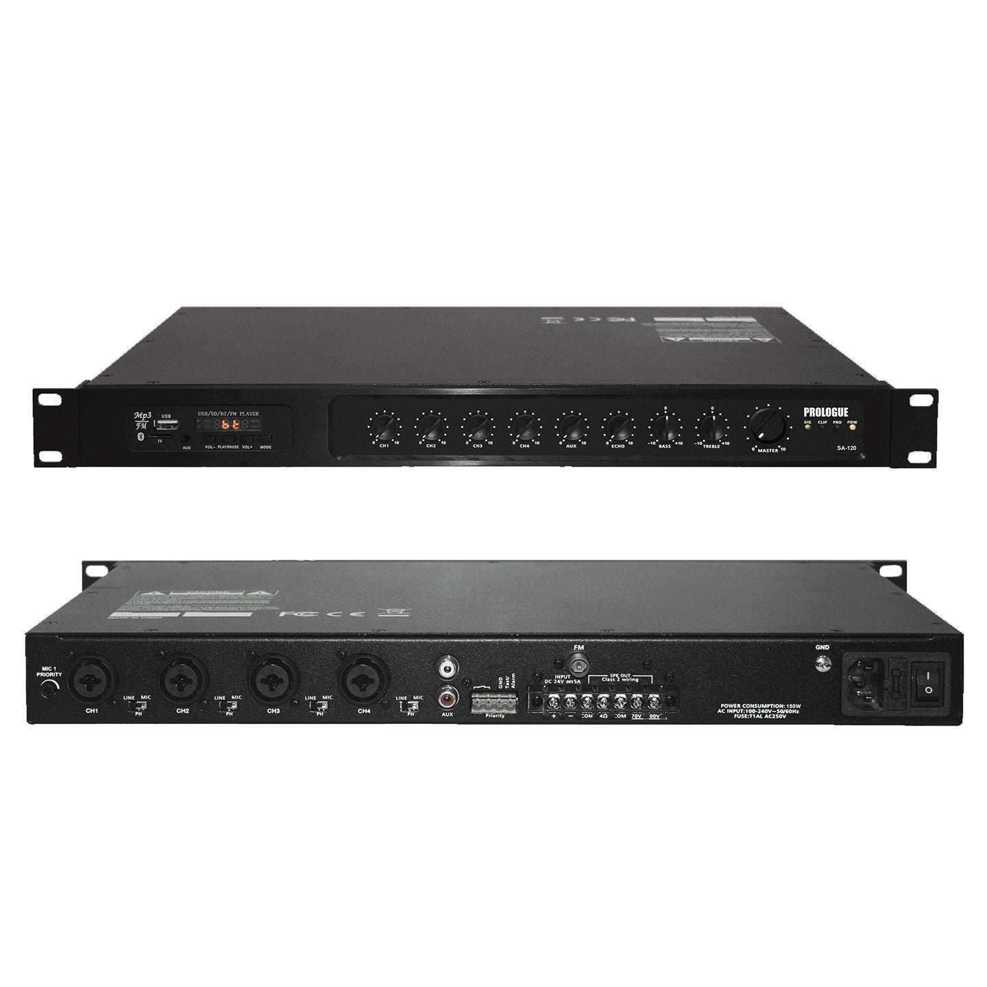 Prologue SA-120 - Amplificateur Mono 120W RMS, Sorties 70V et 8 ohms, 4 Entrées Micro/ligne, 1 entrée AUX stéréo, lecteur MP3 USB-SD, Tuner, Bluetooth, 1U