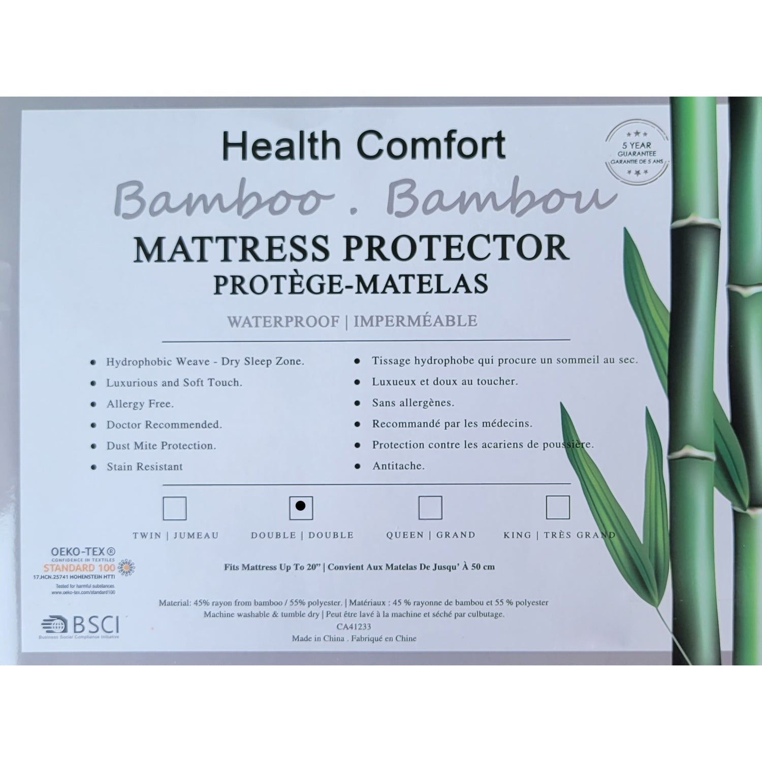 Protecteur de Matelas en Bambou, Luxueux et Doux, Hydrophobe, Grandeur Double, Blanc - Simple Boutique