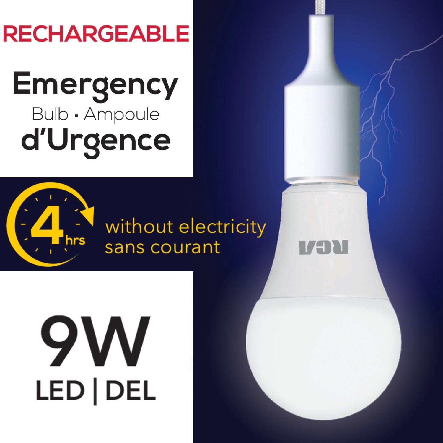 RCA Ampoule DEL d'urgence rechargeable 9 W, 4 h d'éclairage sans courant - Simple Boutique