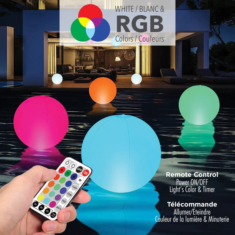 RCA Ballon lumineux flottant solaire pour piscine 14 po avec télécommande, blanc et couleurs - Simple Boutique