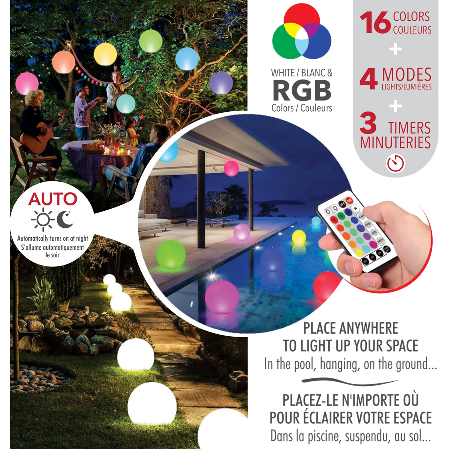 RCA Ballon lumineux flottant solaire pour piscine 14 po avec télécommande, blanc et couleurs - Simple Boutique