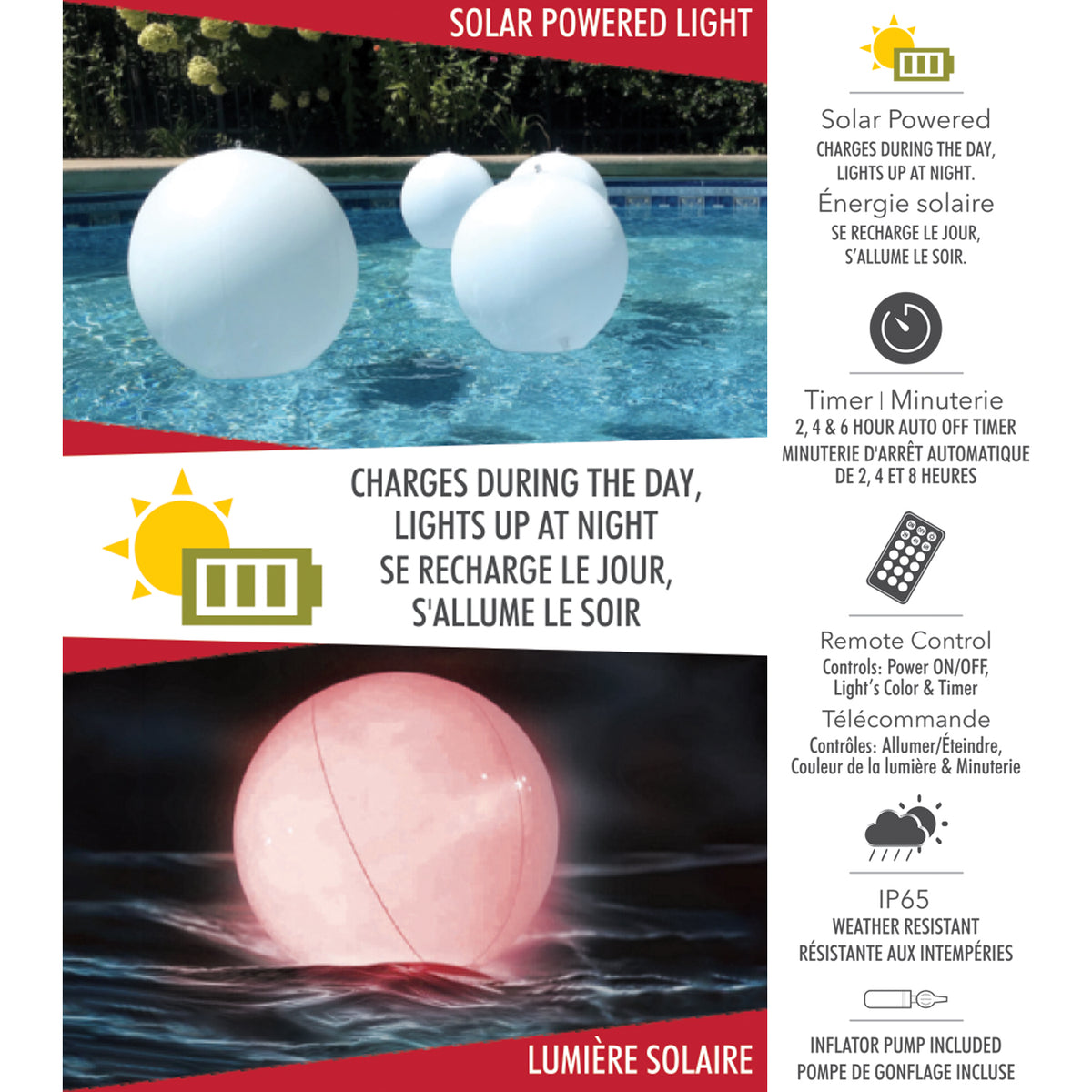 RCA Ballon lumineux flottant solaire pour piscine 14 po avec télécommande, blanc et couleurs - Simple Boutique