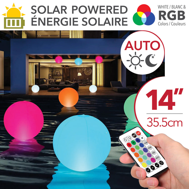 RCA Ballon lumineux flottant solaire pour piscine 14 po avec télécommande, blanc et couleurs - Simple Boutique