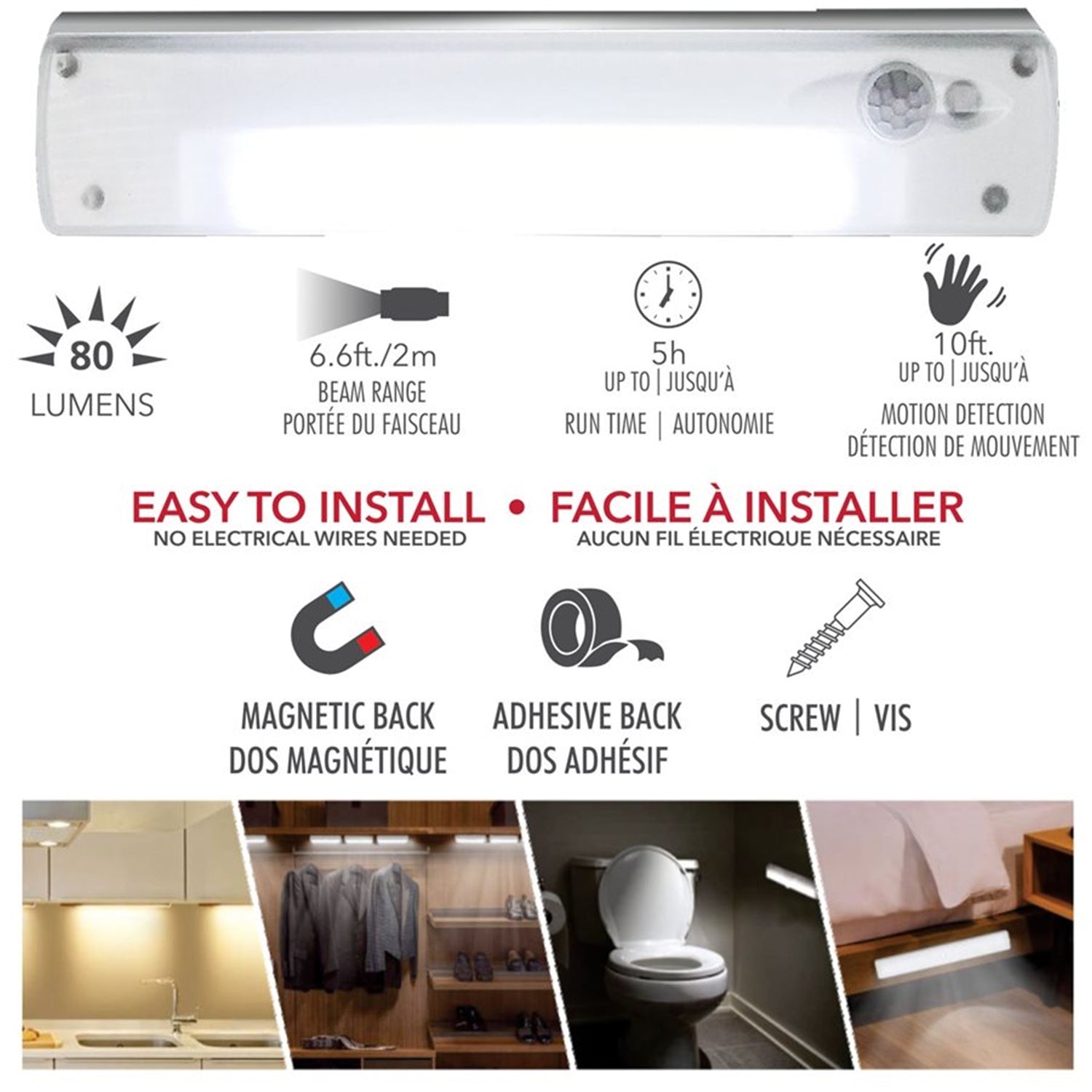 RCA - Éclairage Sans-Fil COBLED avec Détecteur de Mouvement, 80 Lumens, Blanc - Simple Boutique