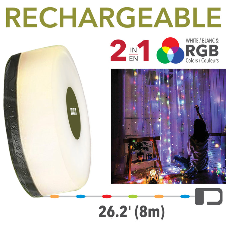 RCA Guirlande lumineuse rétractable rechargeable 8 m et lanterne 2 en 1, blanche et couleurs - Simple Boutique