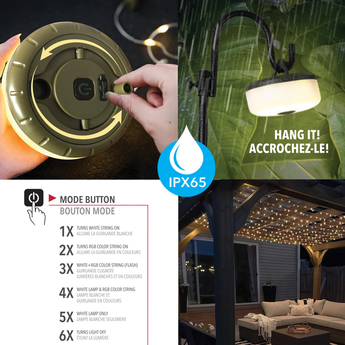 RCA Guirlande lumineuse rétractable rechargeable 8 m et lanterne 2 en 1, blanche et couleurs - Simple Boutique