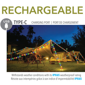 RCA Guirlande lumineuse rétractable rechargeable 8 m et lanterne 2 en 1, blanche et couleurs - Simple Boutique