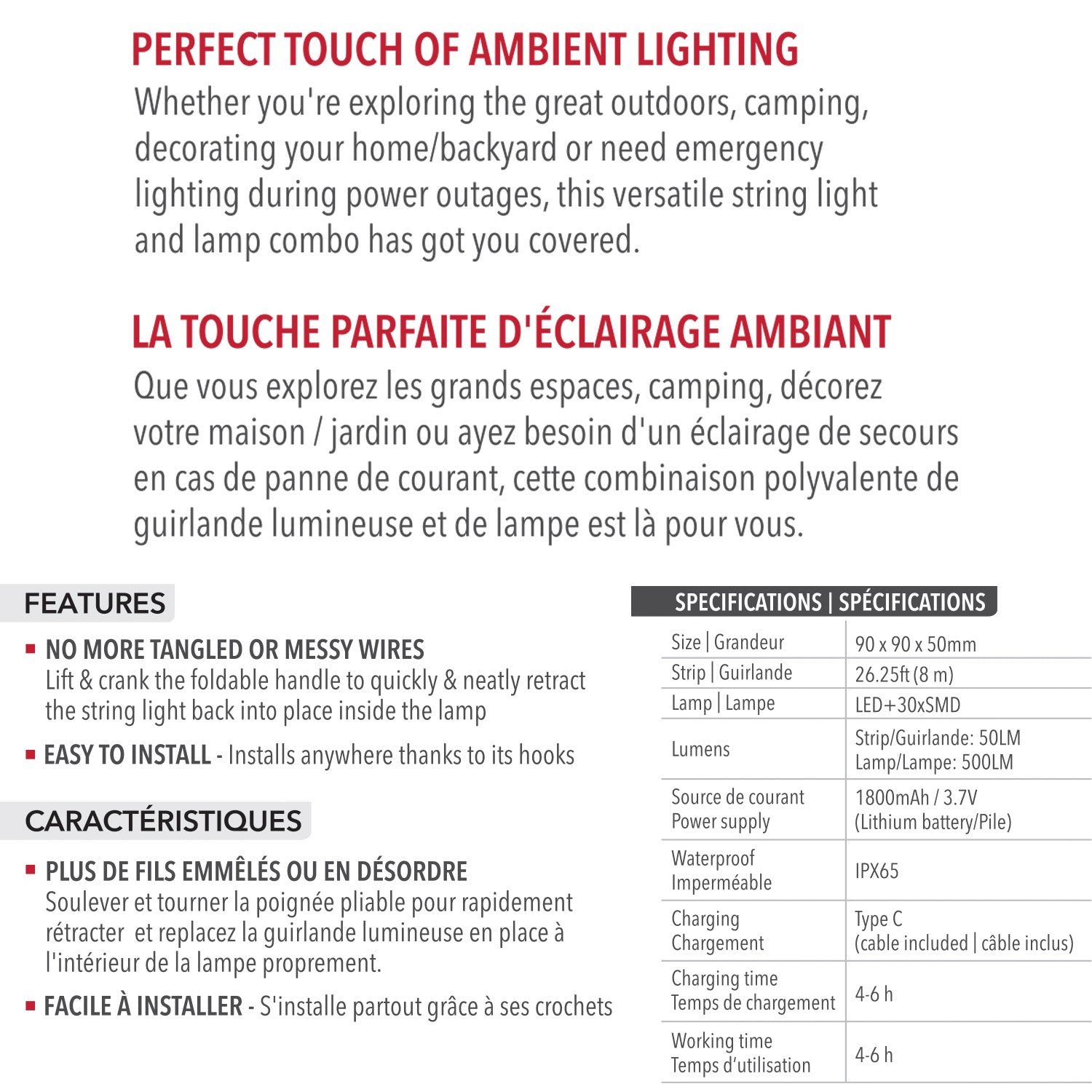 RCA Guirlande lumineuse rétractable rechargeable 8 m et lanterne 2 en 1, blanche et couleurs - Simple Boutique