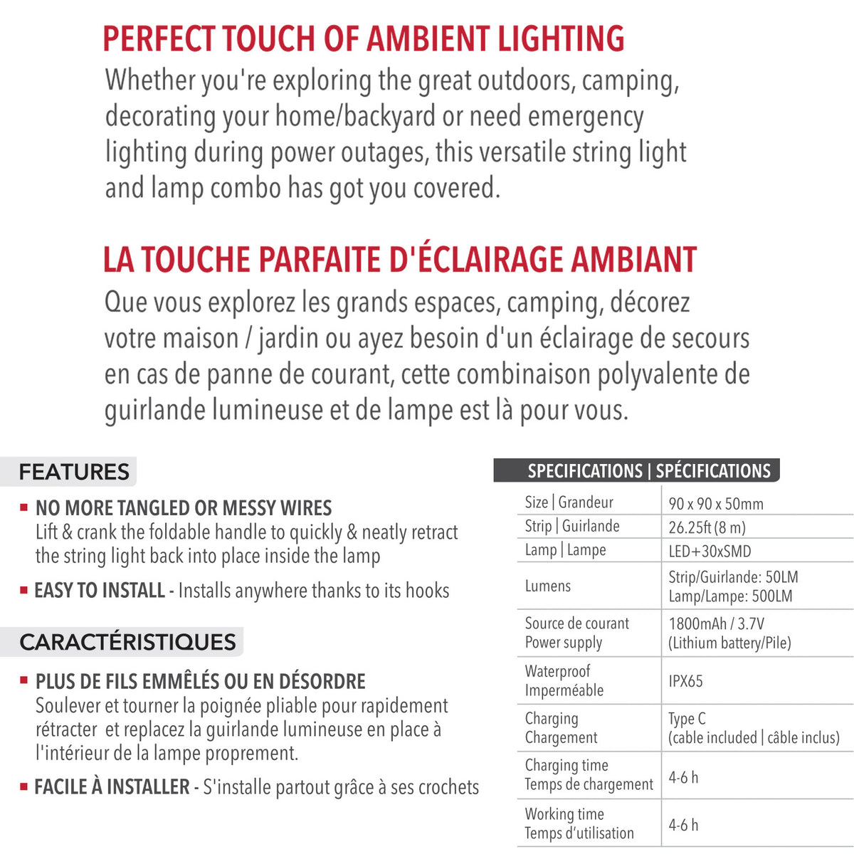 RCA Guirlande lumineuse rétractable rechargeable 8 m et lanterne 2 en 1, blanche et couleurs - Simple Boutique