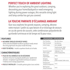 RCA Guirlande lumineuse rétractable rechargeable 8 m et lanterne 2 en 1, blanche et couleurs - Simple Boutique
