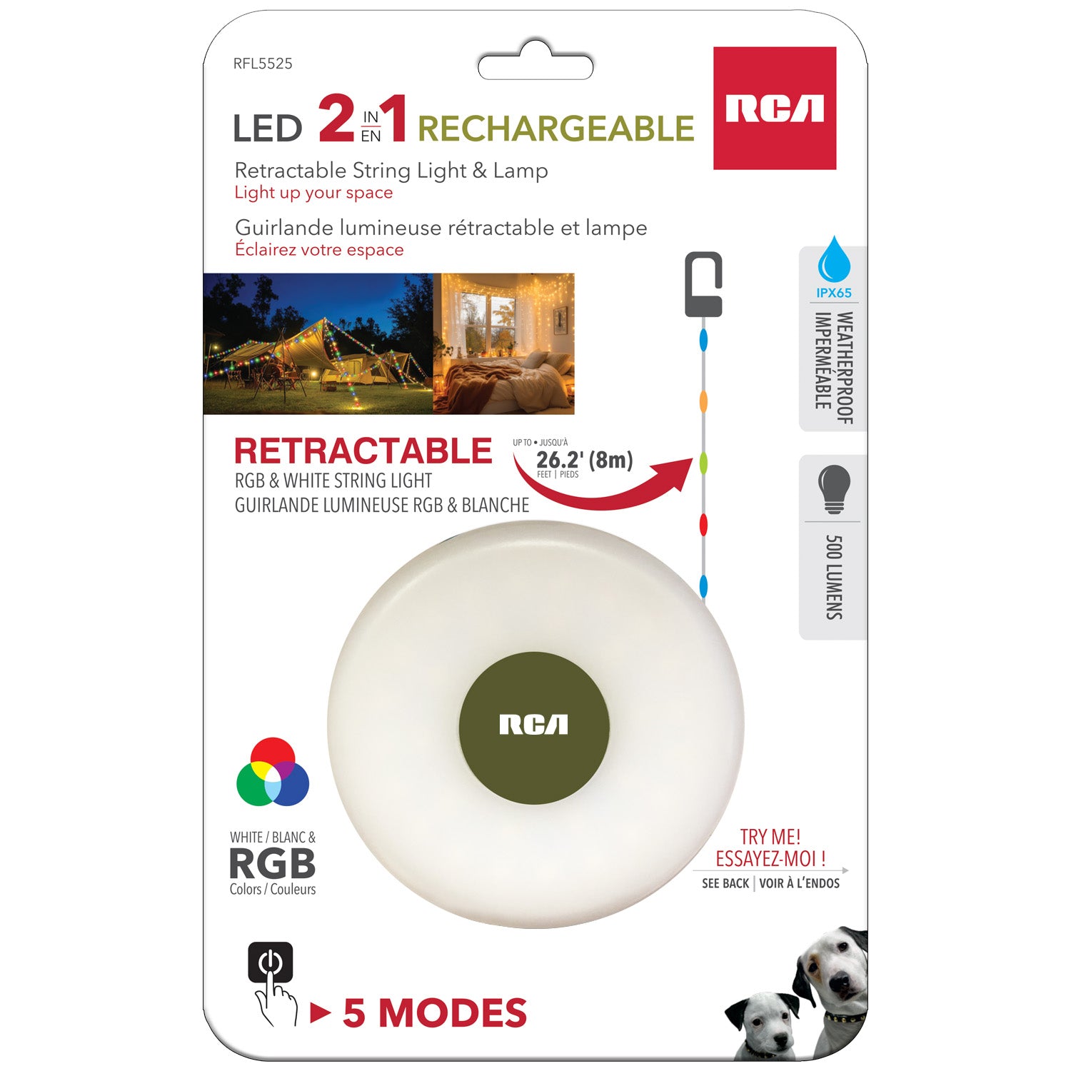 RCA Guirlande lumineuse rétractable rechargeable 8 m et lanterne 2 en 1, blanche et couleurs - Simple Boutique