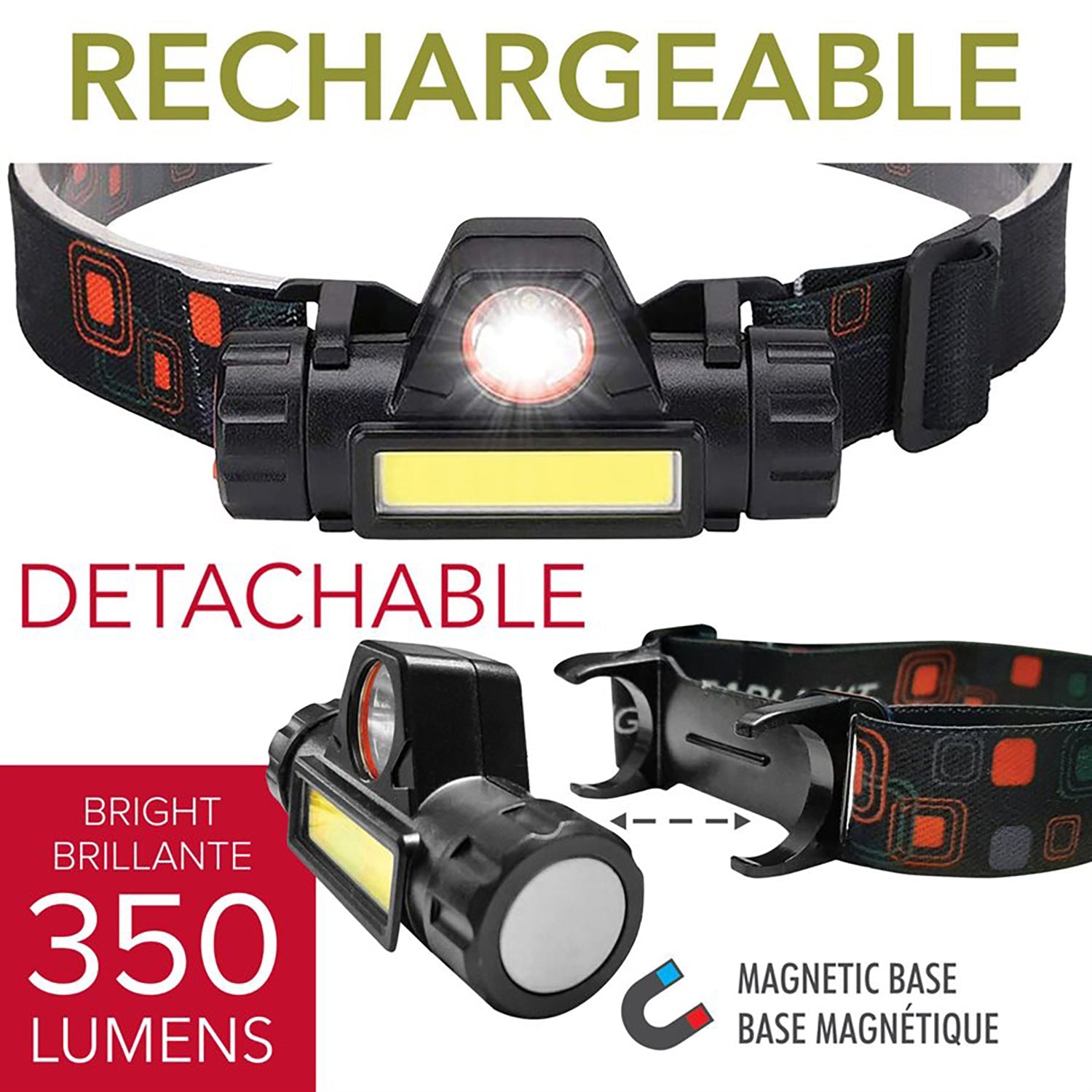 RCA - Lampe Frontale pivotante avec Bandeau, Détachable, Rechargeable, 350 Lumens - Simple Boutique