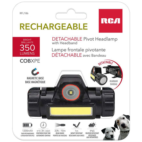 RCA - Lampe Frontale pivotante avec Bandeau, Détachable, Rechargeable, 350 Lumens