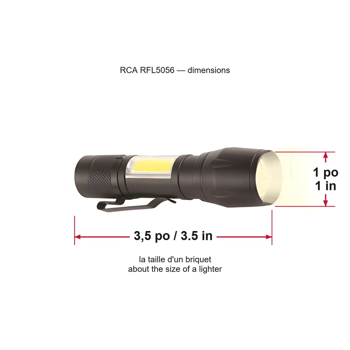 RCA - Lampe Torche COB en Métal, Rechargeable avec Mini Lanterne et Zoom, Noir - Simple Boutique
