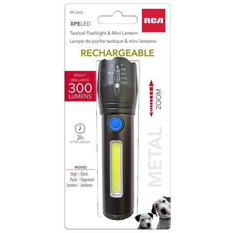 RCA - Lampe de Poche COB avec Mini Lanterne, Rechargeable, 300 Lumens