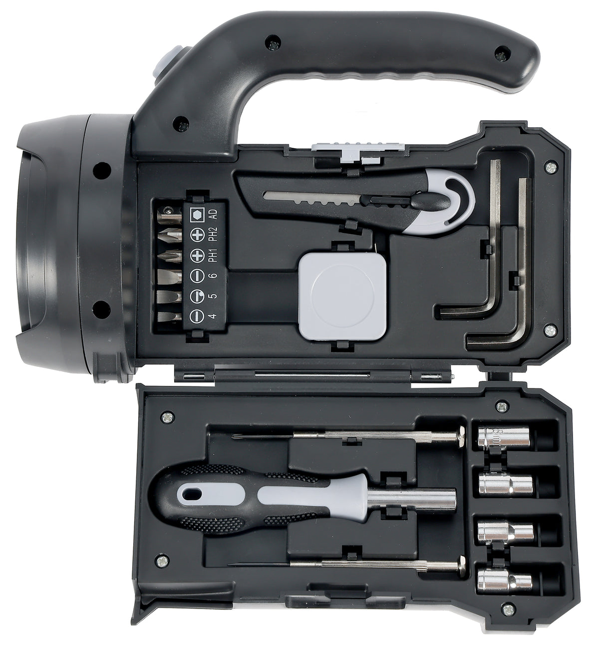 RCA Lampe de poche DEL avec trousse de 17 outils intégrée, 80 lumens, noire - Simple Boutique