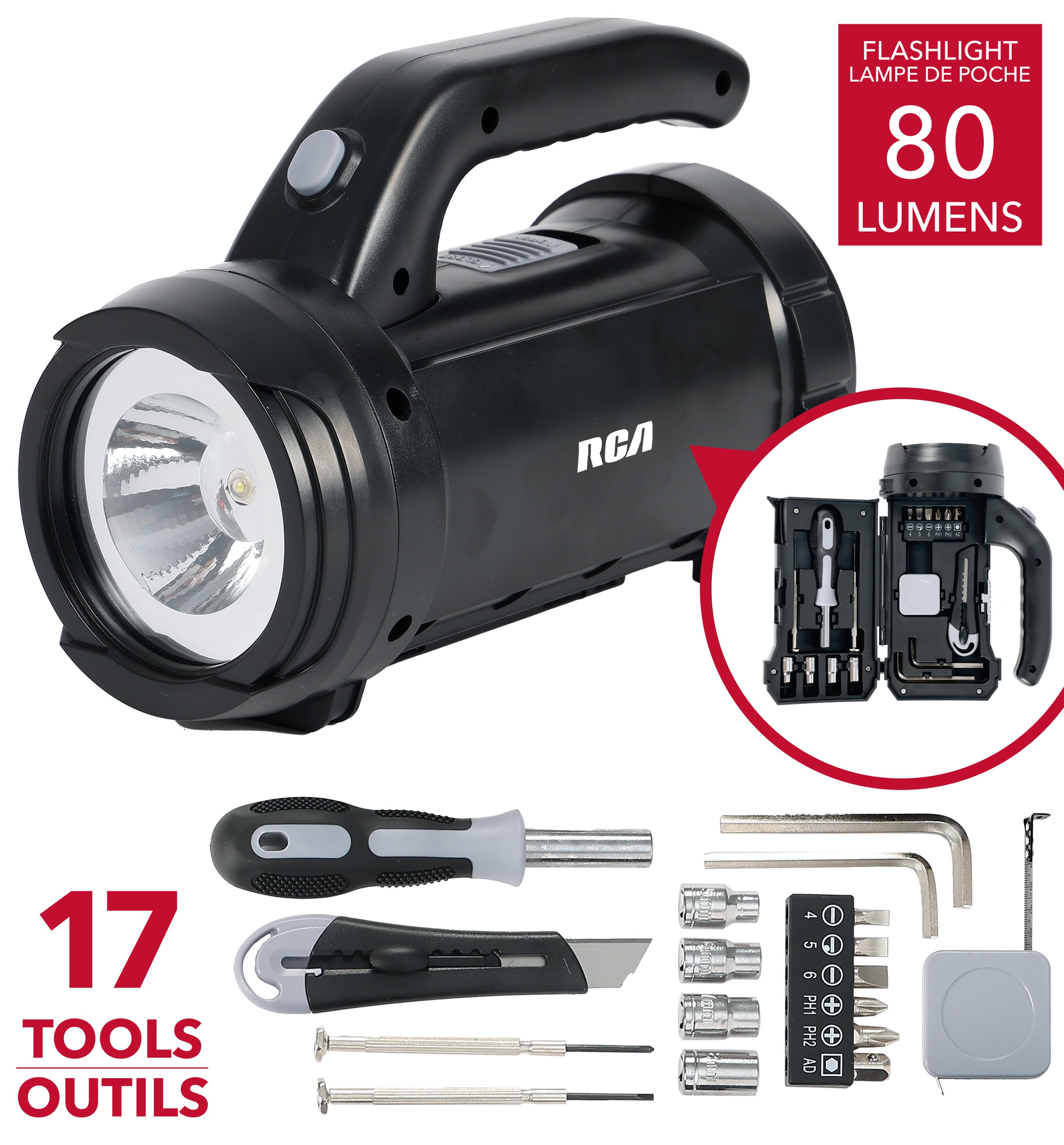 RCA Lampe de poche DEL avec trousse de 17 outils intégrée, 80 lumens, noire - Simple Boutique