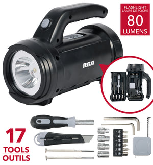 RCA Lampe de poche DEL avec trousse de 17 outils intégrée, 80 lumens, noire - Simple Boutique