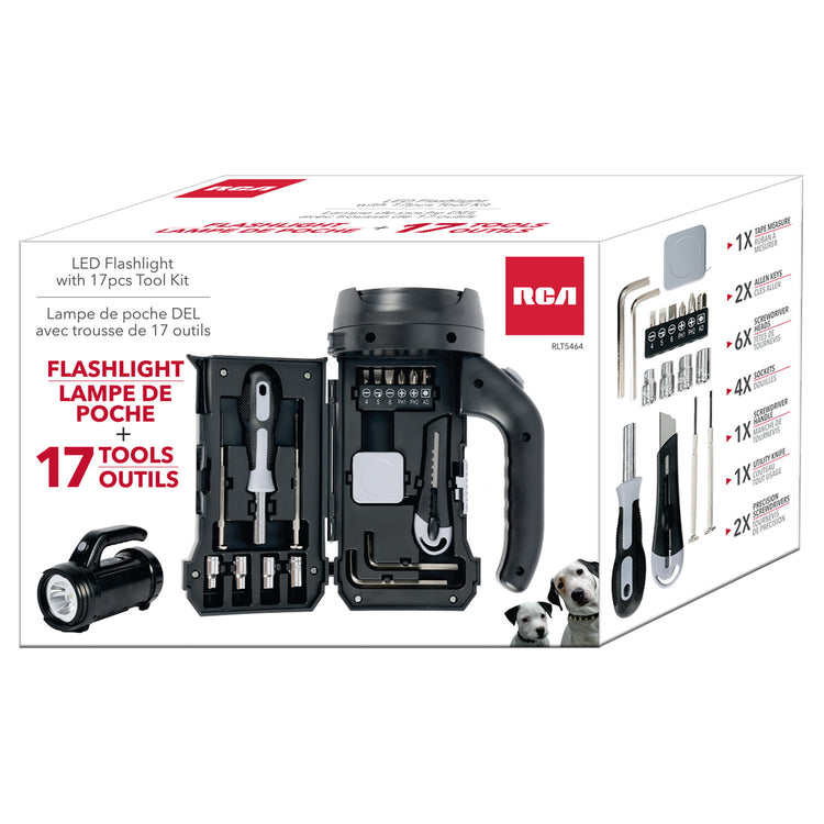RCA Lampe de poche DEL avec trousse de 17 outils intégrée, 80 lumens, noire - Simple Boutique