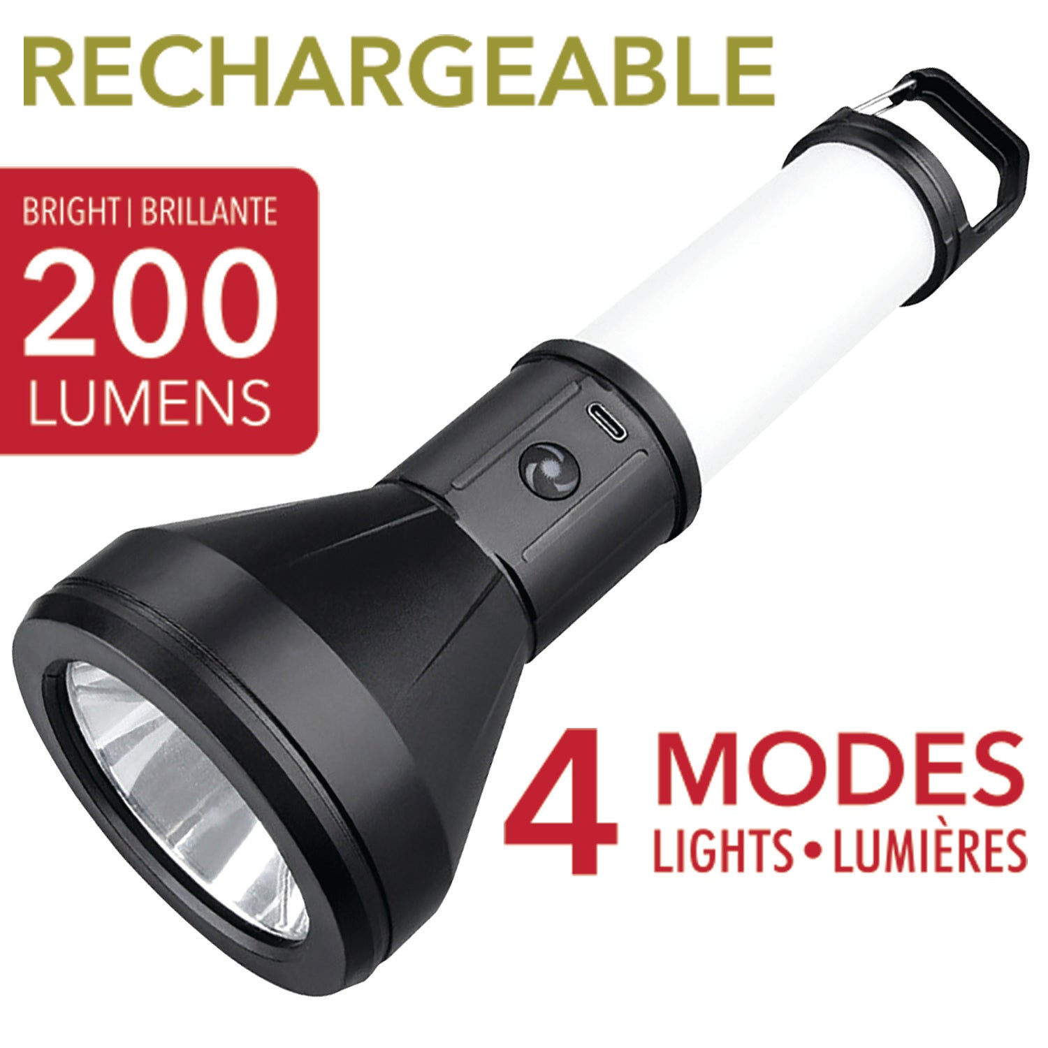 RCA Lampe de poche et lanterne rechargeable 2 en 1, 200 lumens, noire - Simple Boutique
