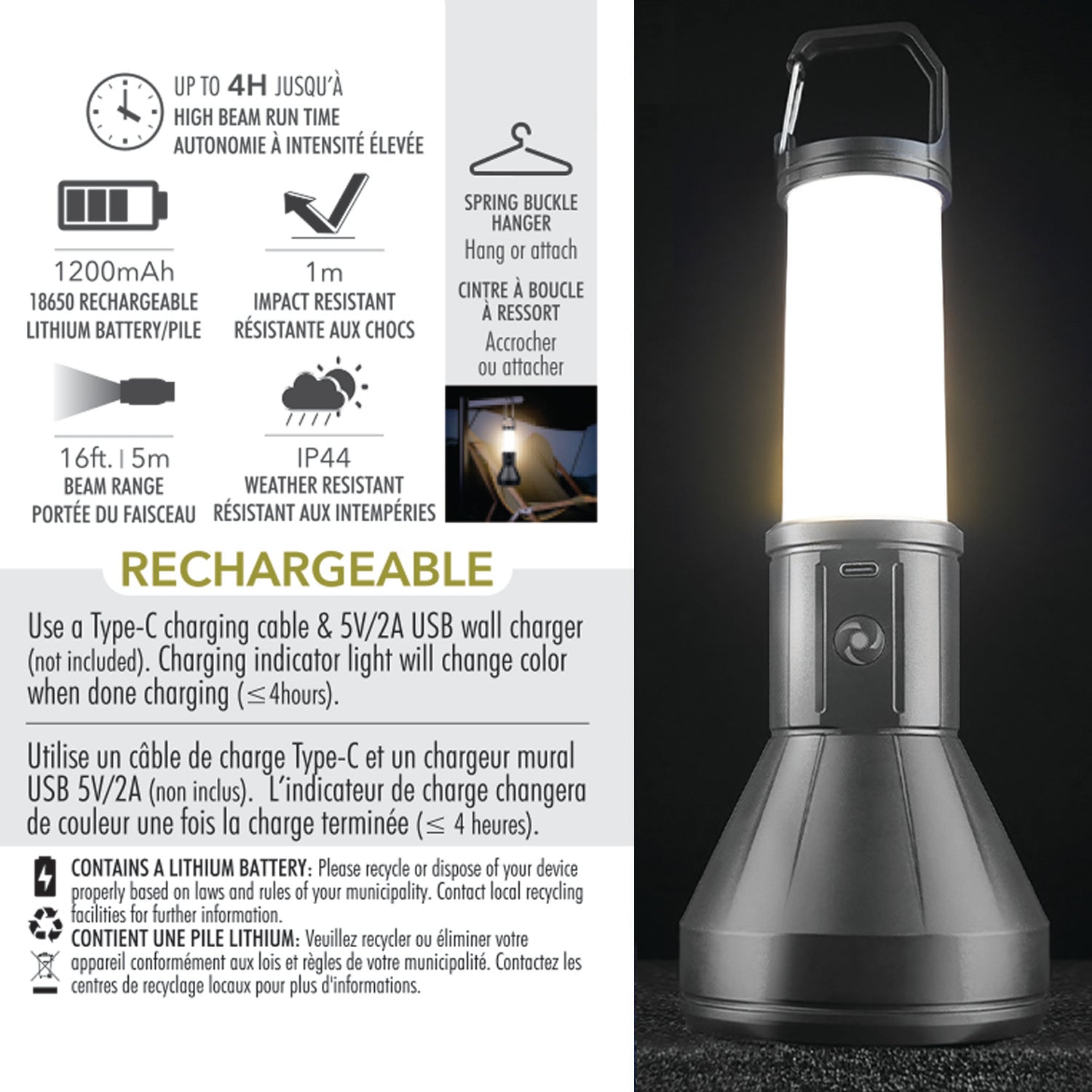 RCA Lampe de poche et lanterne rechargeable 2 en 1, 200 lumens, noire - Simple Boutique