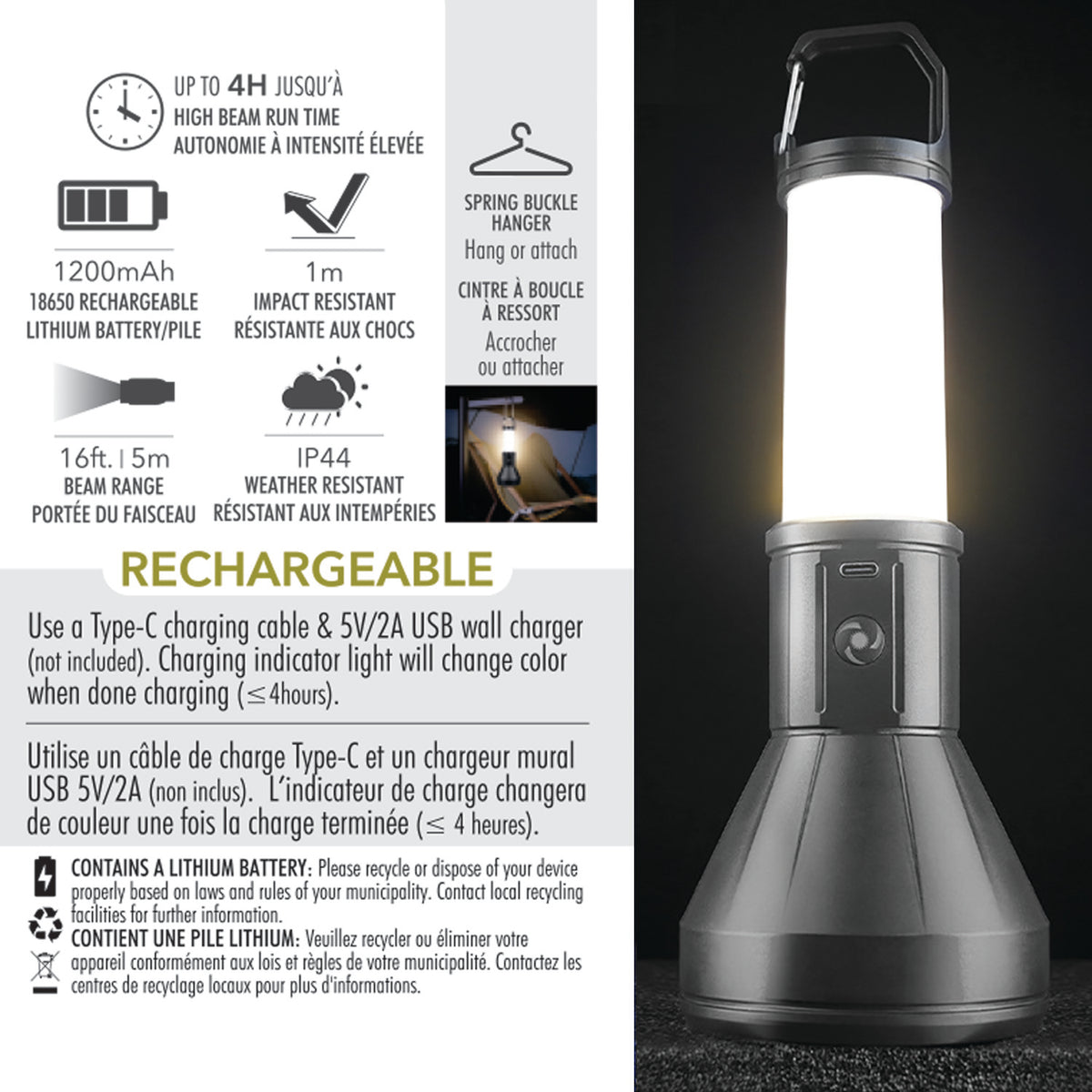 RCA Lampe de poche et lanterne rechargeable 2 en 1, 200 lumens, noire - Simple Boutique
