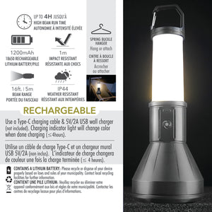 RCA Lampe de poche et lanterne rechargeable 2 en 1, 200 lumens, noire - Simple Boutique