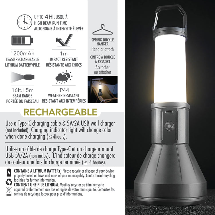 RCA Lampe de poche et lanterne rechargeable 2 en 1, 200 lumens, noire - Simple Boutique