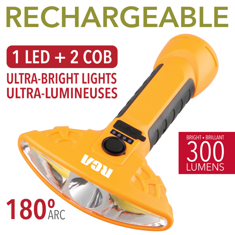 RCA Lampe de poche rechargeable à large faisceau 300 lumens, base magnétique, jaune - Simple Boutique