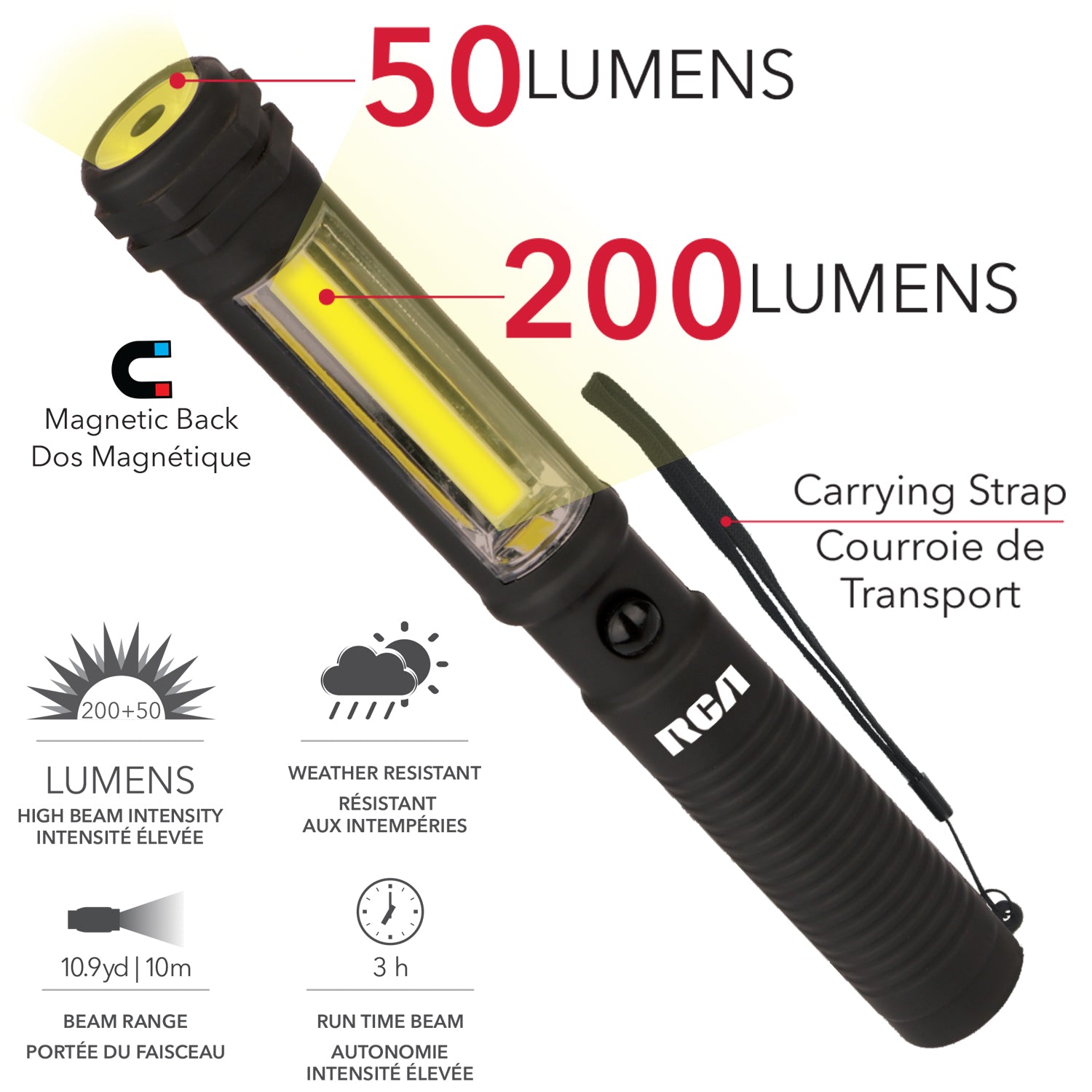 RCA Lampe de travail DEL COB 200 lumens magnétique avec lampe de poche, noire - Simple Boutique