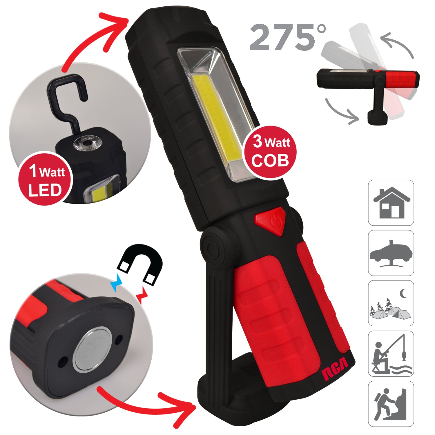 RCA Lampe de travail DEL COB magnétique 240 lumens à crochet pivotant, noire et rouge - Simple Boutique