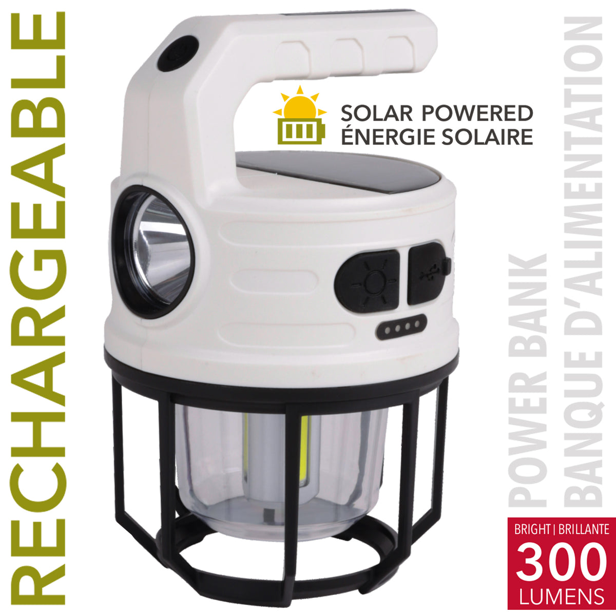 RCA Lanterne et lampe de poche solaire rechargeable 300 lumens avec banque d'alimentation, blanche - Simple Boutique