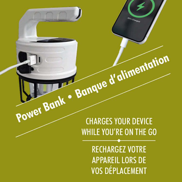 RCA Lanterne et lampe de poche solaire rechargeable 300 lumens avec banque d'alimentation, blanche - Simple Boutique