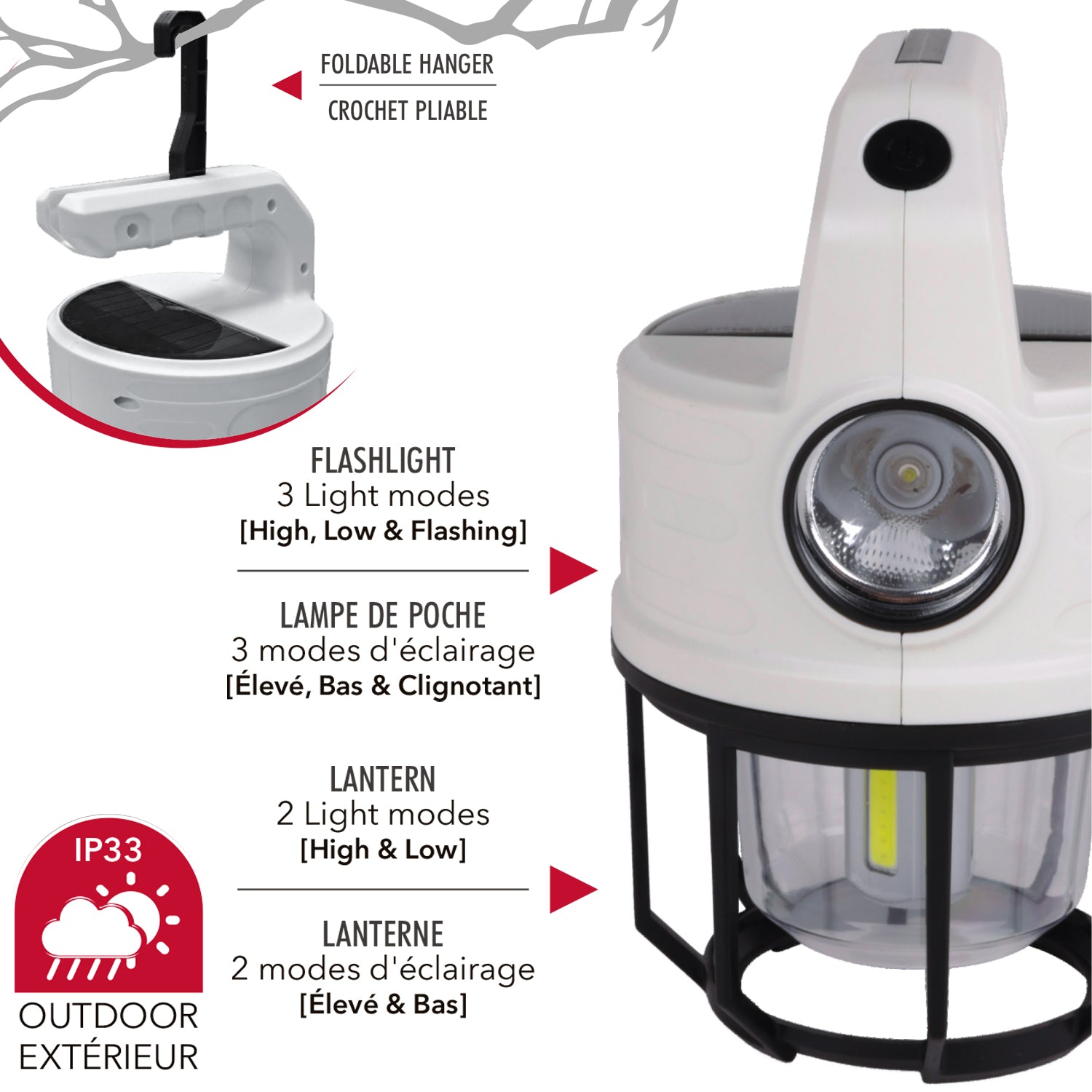 RCA Lanterne et lampe de poche solaire rechargeable 300 lumens avec banque d'alimentation, blanche - Simple Boutique