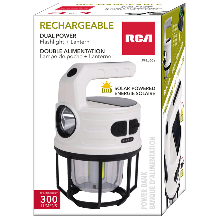 RCA Lanterne et lampe de poche solaire rechargeable 300 lumens avec banque d'alimentation, blanche - Simple Boutique