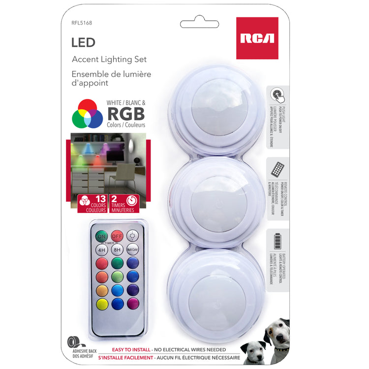 RCA Lumières d'appoint DEL tactiles couleur avec télécommande, blanches, Lot de 3 - Simple Boutique