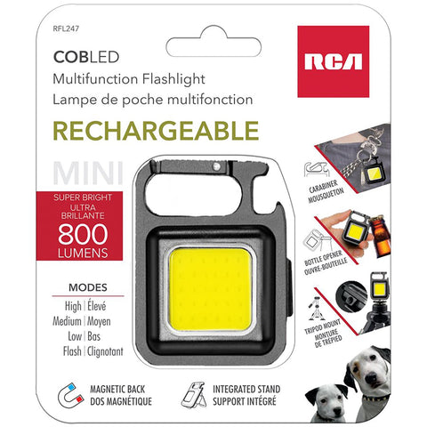 RCA - Mini Lampe de Poche COB Rechargeable avec Mousqueton, Rechargeable, 800 Lumens