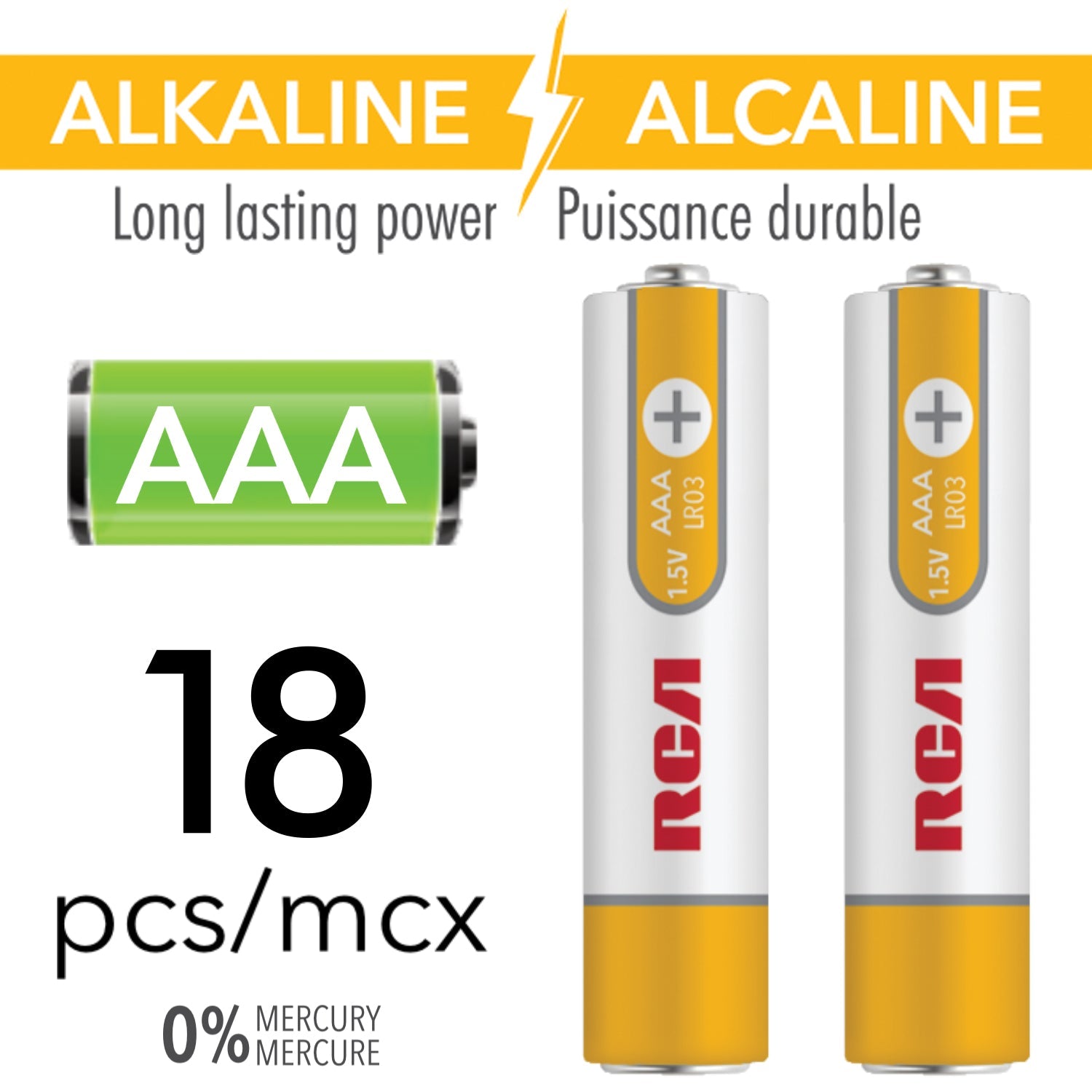 RCA - Paquet de 18 Piles Alcaline AAA, Puissance Longue Durée, Sans Mercure - Simple Boutique