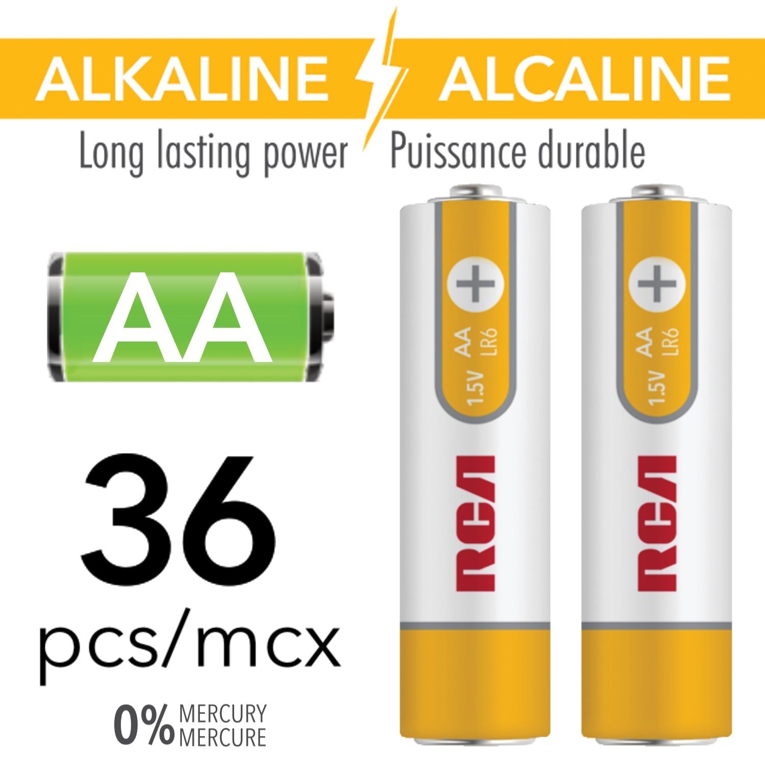 RCA - Paquet de 36 Piles Alcaline AA, Puissance Longue Durée, Sans Mercure - Simple Boutique