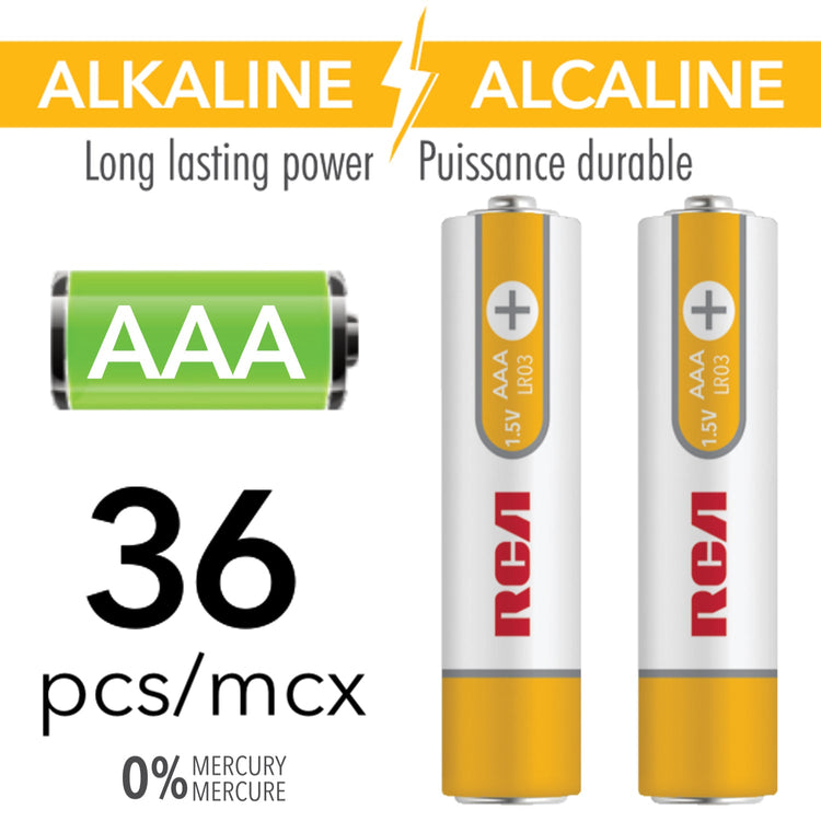 RCA - Paquet de 36 Piles Alcaline AAA, Puissance Longue Durée, Sans Mercure - Simple Boutique