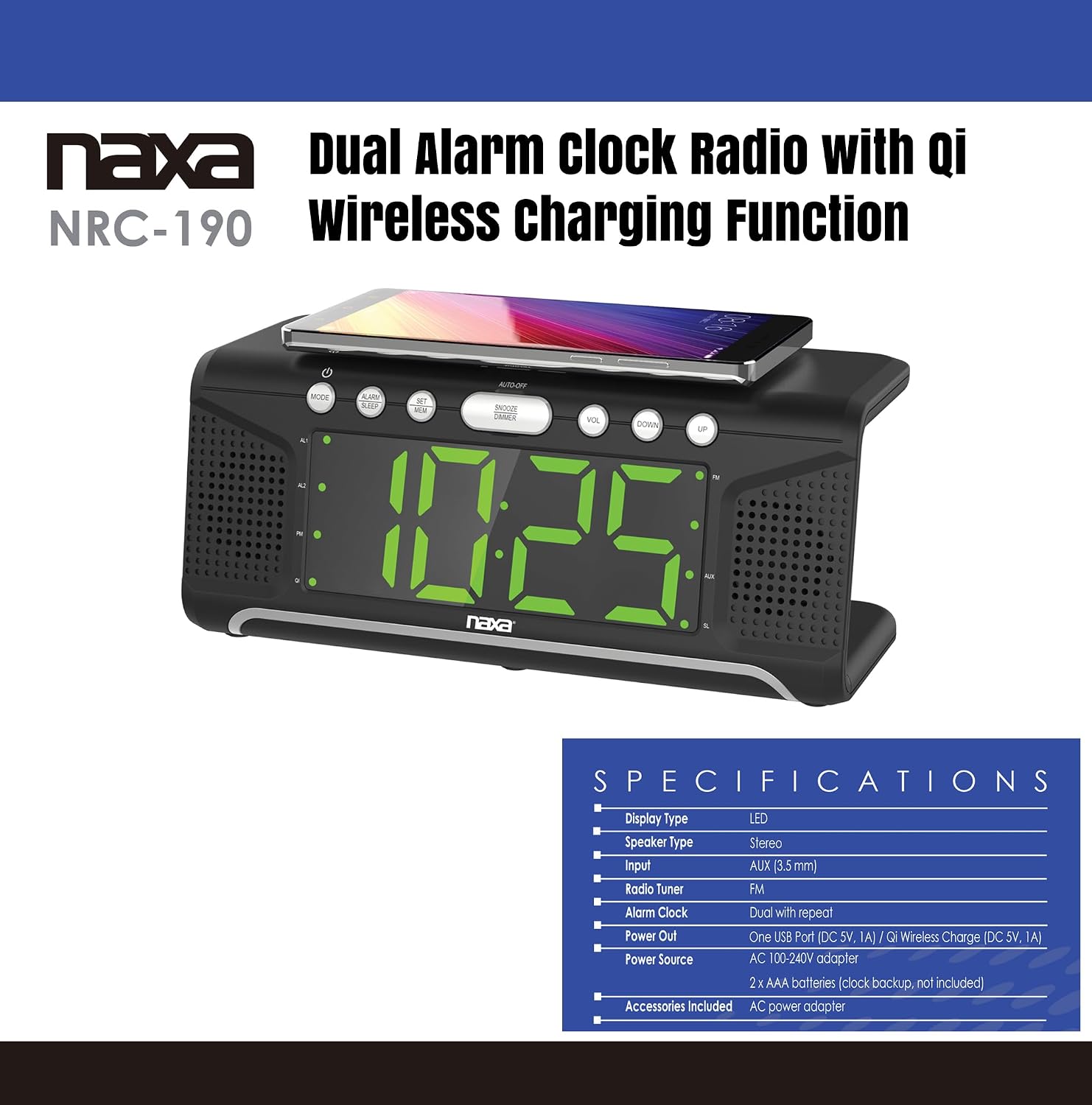 Radio-réveil double alarme avec chargeur sans fil Qi et radio FM (NRC-190) noir - Simple Boutique