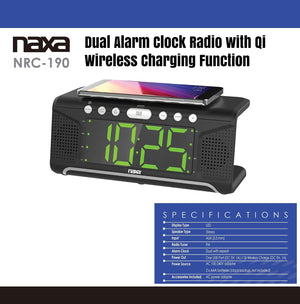 Radio-réveil double alarme avec chargeur sans fil Qi et radio FM (NRC-190) noir - Simple Boutique